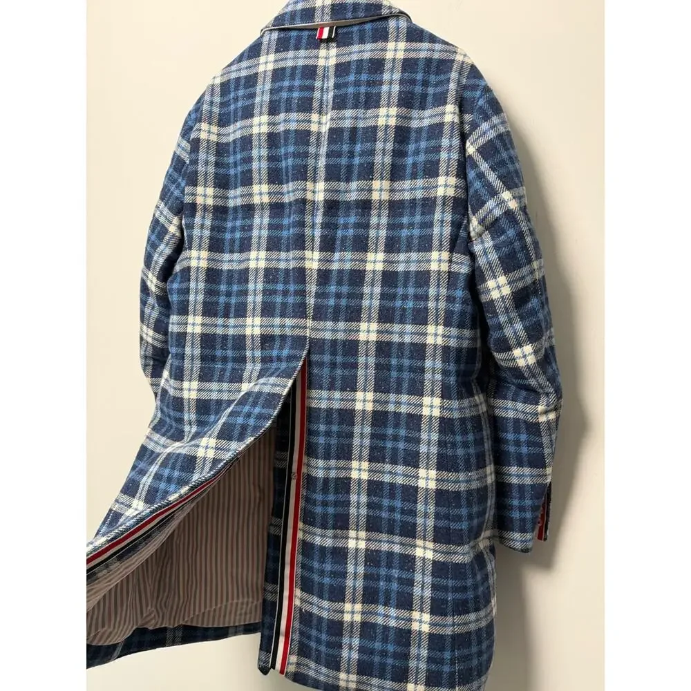 Thom Browne Size 1 Blue Plaid Wool Down Filled Overcoat Made in Italy